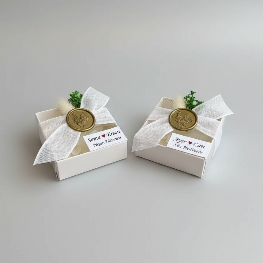 Kişiselleştirilebilir Altın Mühürlü Beyaz Kraft Kutulu Lotus Mum Hediyelik
