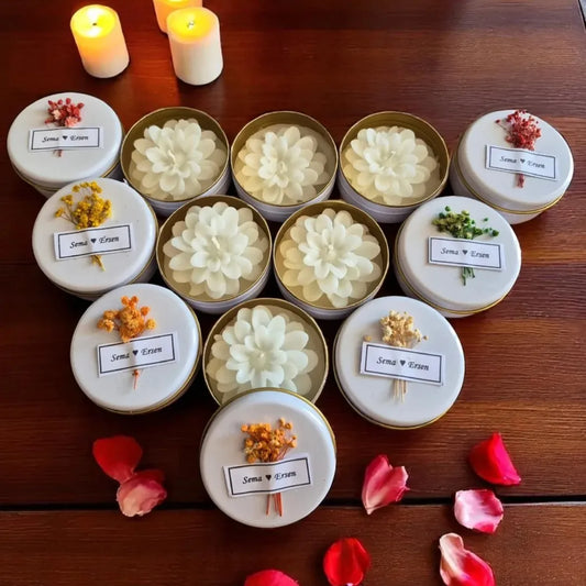 Kişiselleştirilebilir Beyaz Teneke Kutulu Lotus Mum Hediyelik