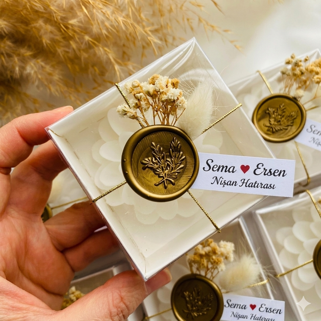 Kişiselleştirilebilir Altın Mühürlü Simli İpli Beyaz Kutulu Lotus Mum Hediyelik